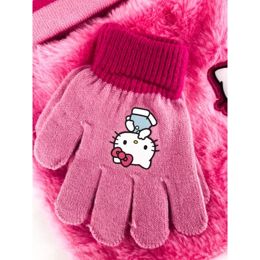 Hello Kitty gyerek lány kötött szett: sapka, sál, kesztyű